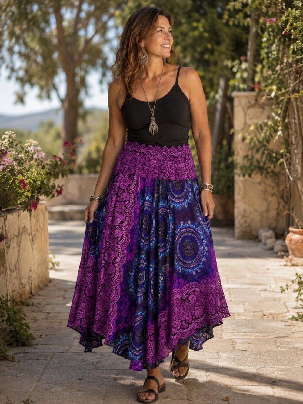 TRANQUIL THREADS Elastic Waist Scarf Style Purple, Pink & Teal Gypsy Skirt XL